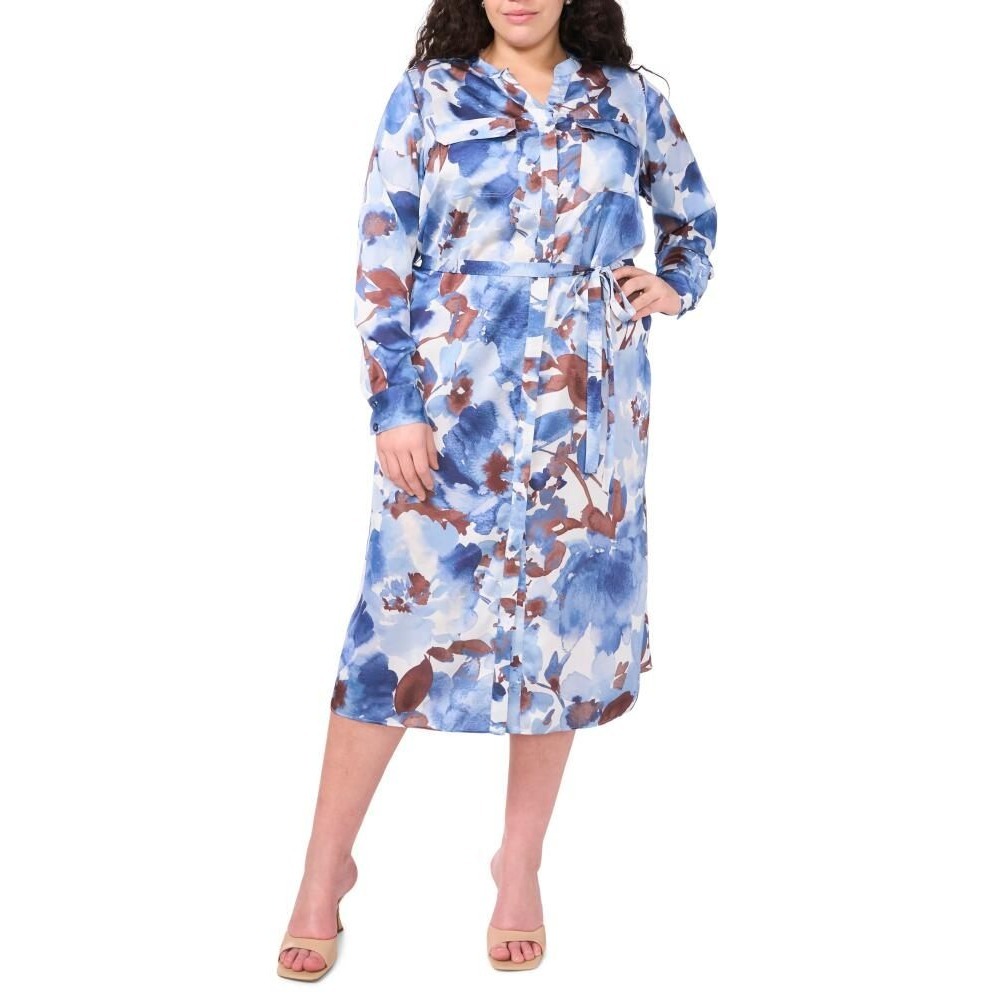 Halogen Womens 1X Blue Brown Watercolor Floral Satin Belted‎ Midi Shirt Dress